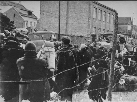 Jews in the Kovno ghetto who have been assembled for deportation